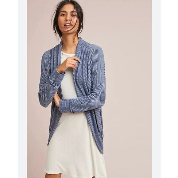 Anthropologie Sundry Brushed Fleece Cocoon Cardigan Blue White Stripe Size 1 - Picture 1 of 8